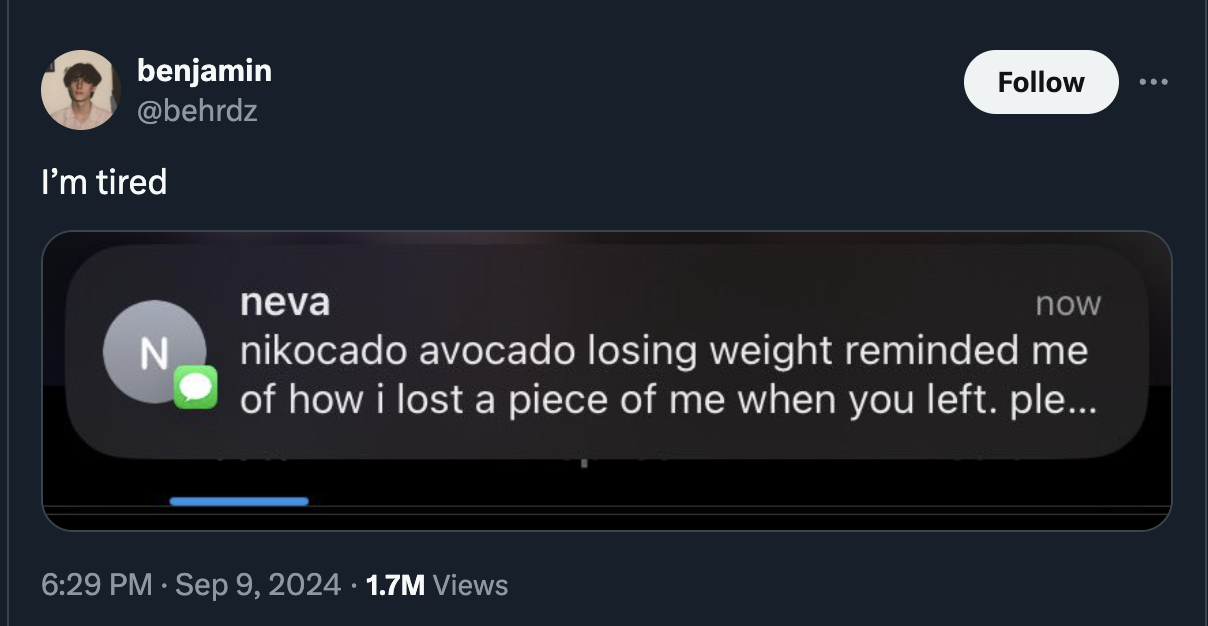 screenshot - benjamin I'm tired N neva now nikocado avocado losing weight reminded me of how i lost a piece of me when you left. ple... 1.7M Views